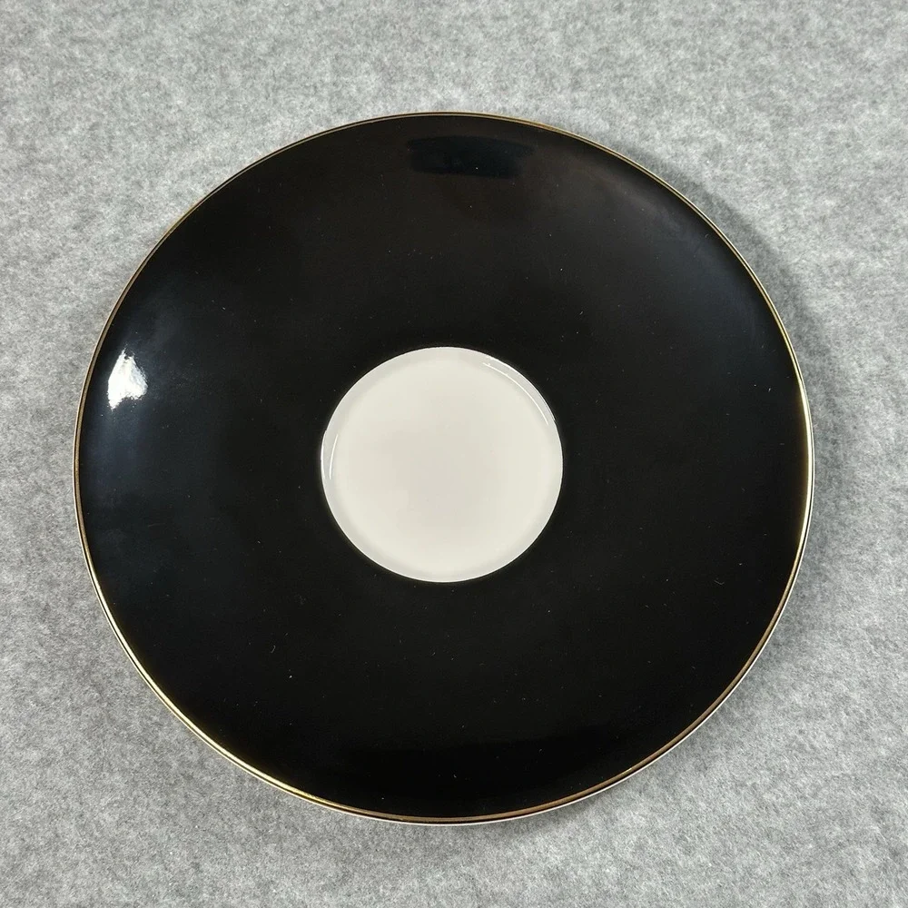Wedgwood Barbara Barry Curtain Call Black Gold Cappuccino Saucers 6.5 in Set 4